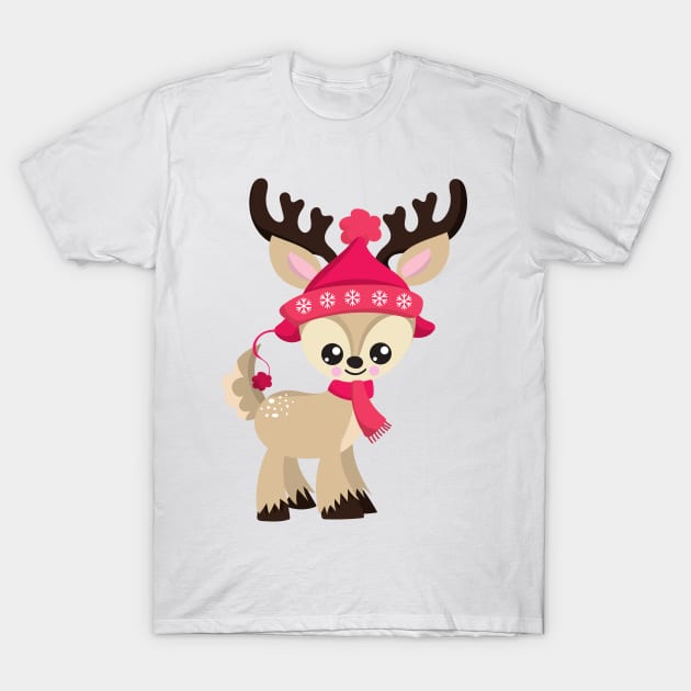 Christmas Reindeer, Cute Reindeer, Red Hat, Xmas T-Shirt by Jelena Dunčević